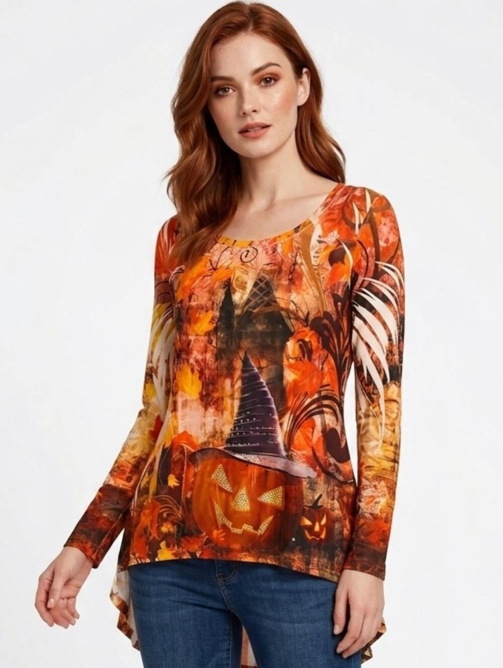 Live and Let Live Halloween Embellished Pumpkin Witch Hat Tunic Top Size L